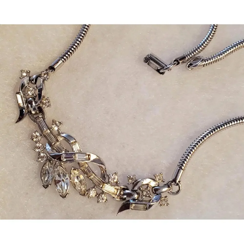 1940s Trifari Choker Necklace, Alfred Philippe Design, Baguette Rhinestones